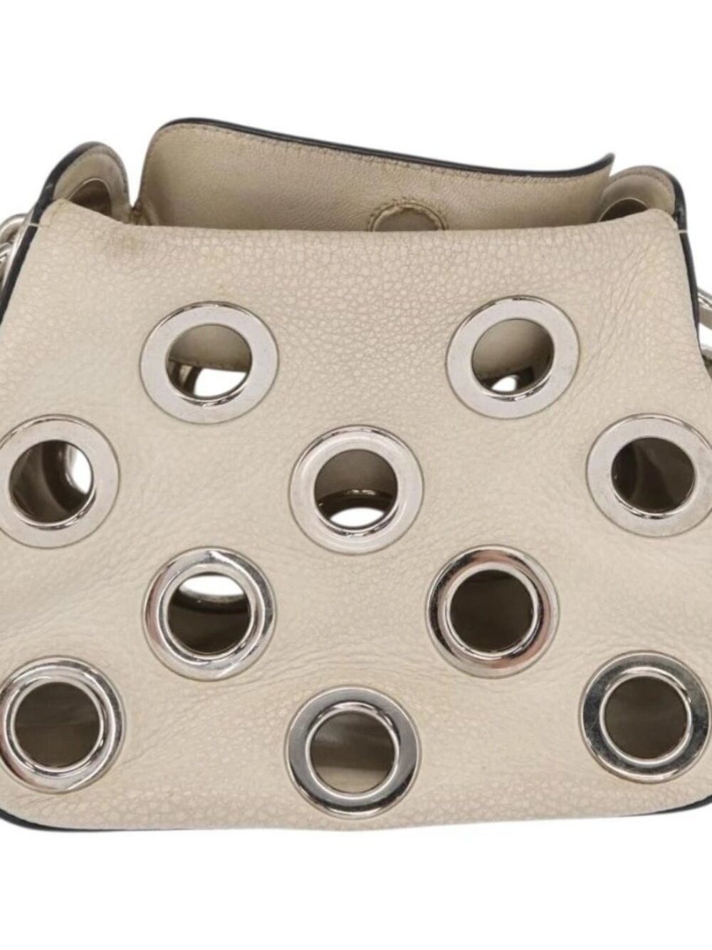 PRADA Grommet Punching Chain Hand Bag Leather Ivory Silver Auth 165205 - Picture 3 of 16